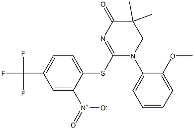 1-(2-methoxyphenyl)-5,5-dimethyl-2-{[2-nitro-4-(trifluoromethyl)phenyl]thio}-1,4,5,6-tetrahydropyrimidin-4-one 구조식 이미지