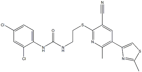 N-(2-{[3-cyano-6-methyl-5-(2-methyl-1,3-thiazol-4-yl)-2-pyridyl]thio}ethyl)-N'-(2,4-dichlorophenyl)urea 구조식 이미지