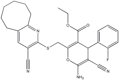 ethyl 6-amino-5-cyano-2-{[(3-cyano-5,6,7,8,9,10-hexahydrocycloocta[b]pyridin-2-yl)sulfanyl]methyl}-4-(2-fluorophenyl)-4H-pyran-3-carboxylate 구조식 이미지