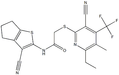 N-(3-cyano-5,6-dihydro-4H-cyclopenta[b]thiophen-2-yl)-2-{[3-cyano-6-ethyl-5-methyl-4-(trifluoromethyl)-2-pyridinyl]sulfanyl}acetamide 구조식 이미지