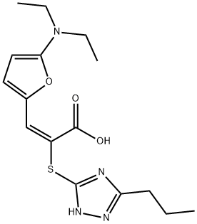 2-Propenoic  acid,  3-[5-(diethylamino)-2-furanyl]-2-[(3-propyl-1H-1,2,4-triazol-5-yl)thio]-,  (2E)- 구조식 이미지