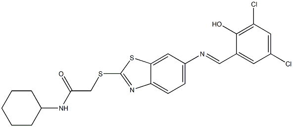 N-cyclohexyl-2-({6-[(3,5-dichloro-2-hydroxybenzylidene)amino]-1,3-benzothiazol-2-yl}sulfanyl)acetamide 구조식 이미지