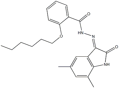 N'-(5,7-dimethyl-2-oxo-1,2-dihydro-3H-indol-3-ylidene)-2-(hexyloxy)benzohydrazide 구조식 이미지