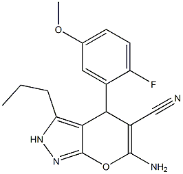6-amino-4-[2-fluoro-5-(methyloxy)phenyl]-3-propyl-2,4-dihydropyrano[2,3-c]pyrazole-5-carbonitrile Structure