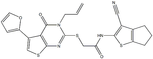 2-{[3-allyl-5-(2-furyl)-4-oxo-3,4-dihydrothieno[2,3-d]pyrimidin-2-yl]sulfanyl}-N-(3-cyano-5,6-dihydro-4H-cyclopenta[b]thien-2-yl)acetamide Structure