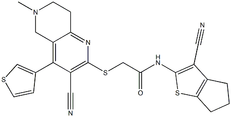 N-(3-cyano-5,6-dihydro-4H-cyclopenta[b]thien-2-yl)-2-{[3-cyano-6-methyl-4-(3-thienyl)-5,6,7,8-tetrahydro[1,6]naphthyridin-2-yl]sulfanyl}acetamide 구조식 이미지