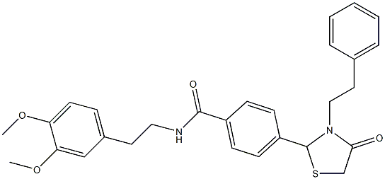 N-[2-(3,4-dimethoxyphenyl)ethyl]-4-[4-oxo-3-(2-phenylethyl)-1,3-thiazolidin-2-yl]benzamide 구조식 이미지