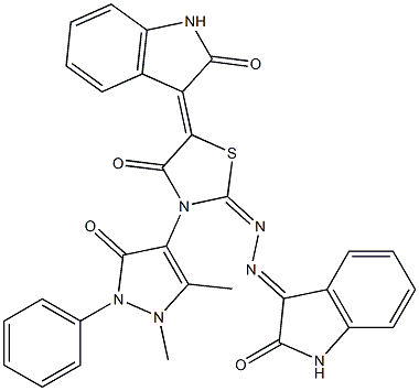 1H-indole-2,3-dione 3-{[3-(1,5-dimethyl-3-oxo-2-phenyl-2,3-dihydro-1H-pyrazol-4-yl)-4-oxo-5-(2-oxo-1,2-dihydro-3H-indol-3-ylidene)-1,3-thiazolidin-2-ylidene]hydrazone} 구조식 이미지