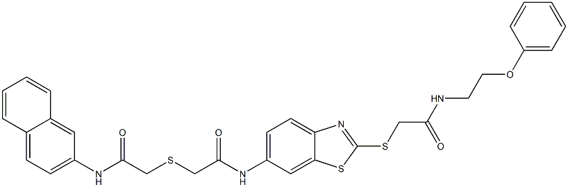 2-{[2-(2-naphthylamino)-2-oxoethyl]sulfanyl}-N-[2-({2-oxo-2-[(2-phenoxyethyl)amino]ethyl}sulfanyl)-1,3-benzothiazol-6-yl]acetamide 구조식 이미지