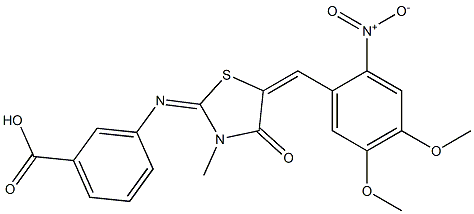 3-[(5-{2-nitro-4,5-dimethoxybenzylidene}-3-methyl-4-oxo-1,3-thiazolidin-2-ylidene)amino]benzoic acid Structure