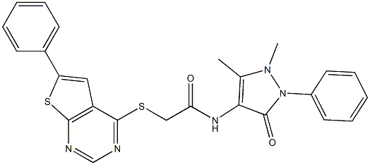 N-(1,5-dimethyl-3-oxo-2-phenyl-2,3-dihydro-1H-pyrazol-4-yl)-2-[(6-phenylthieno[2,3-d]pyrimidin-4-yl)sulfanyl]acetamide 구조식 이미지
