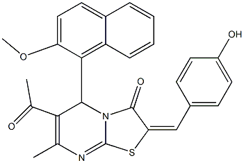 6-acetyl-2-(4-hydroxybenzylidene)-5-(2-methoxy-1-naphthyl)-7-methyl-5H-[1,3]thiazolo[3,2-a]pyrimidin-3(2H)-one Structure