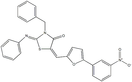3-benzyl-5-[(5-{3-nitrophenyl}-2-furyl)methylene]-2-(phenylimino)-1,3-thiazolidin-4-one Structure