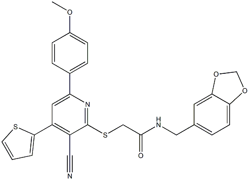 N-(1,3-benzodioxol-5-ylmethyl)-2-{[3-cyano-6-(4-methoxyphenyl)-4-(2-thienyl)-2-pyridinyl]sulfanyl}acetamide Structure