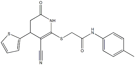 2-{[3-cyano-6-oxo-4-(2-thienyl)-1,4,5,6-tetrahydro-2-pyridinyl]sulfanyl}-N-(4-methylphenyl)acetamide 구조식 이미지
