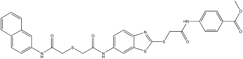 methyl 4-{[({6-[({[2-(2-naphthylamino)-2-oxoethyl]sulfanyl}acetyl)amino]-1,3-benzothiazol-2-yl}sulfanyl)acetyl]amino}benzoate 구조식 이미지