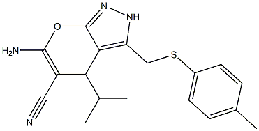 6-amino-4-isopropyl-3-{[(4-methylphenyl)sulfanyl]methyl}-2,4-dihydropyrano[2,3-c]pyrazole-5-carbonitrile Structure