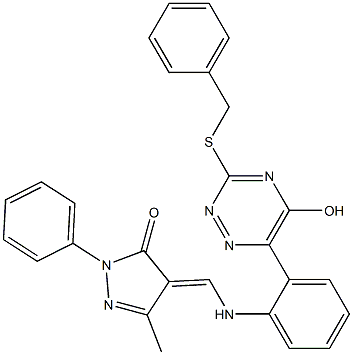 4-({2-[3-(benzylsulfanyl)-5-hydroxy-1,2,4-triazin-6-yl]anilino}methylene)-5-methyl-2-phenyl-2,4-dihydro-3H-pyrazol-3-one Structure