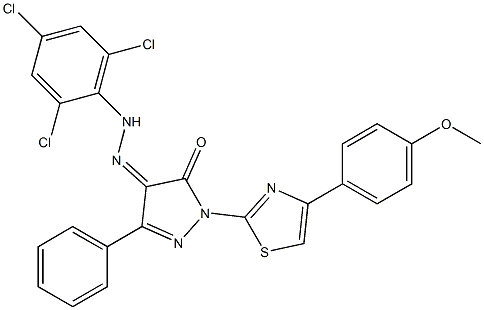 1-[4-(4-methoxyphenyl)-1,3-thiazol-2-yl]-3-phenyl-1H-pyrazole-4,5-dione 4-[N-(2,4,6-trichlorophenyl)hydrazone] Structure