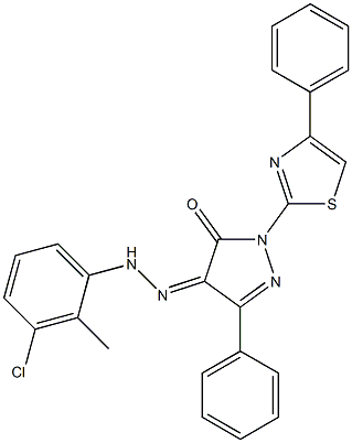 3-phenyl-1-(4-phenyl-1,3-thiazol-2-yl)-1H-pyrazole-4,5-dione 4-[N-(3-chloro-2-methylphenyl)hydrazone] 구조식 이미지