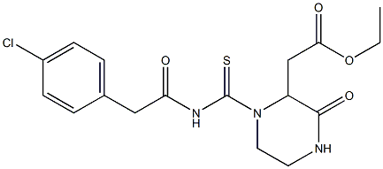ethyl 2-[1-({[2-(4-chlorophenyl)acetyl]amino}carbothioyl)-3-oxo-2-piperazinyl]acetate 구조식 이미지