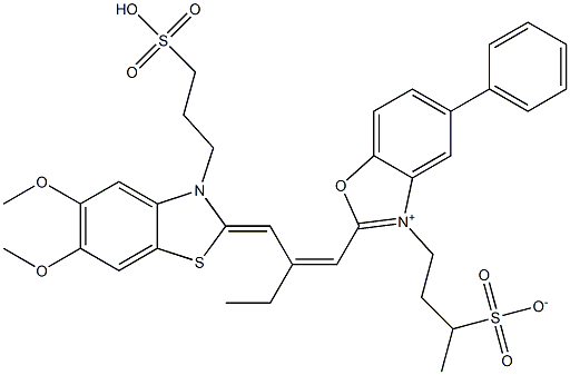 2-[2-[[5,6-Dimethoxy-3-(3-sulfopropyl)benzothiazol-2(3H)-ylidene]methyl]-1-butenyl]-5-phenyl-3-(3-sulfonatobutyl)benzoxazolium 구조식 이미지