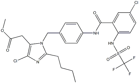 2-Butyl-4-chloro-1-[4-[5-chloro-2-(trifluoromethylsulfonylamino)benzoylamino]benzyl]-1H-imidazole-5-acetic acid methyl ester Structure