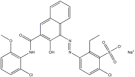 2-Chloro-6-ethyl-5-[[3-[[(2-chloro-6-methoxyphenyl)amino]carbonyl]-2-hydroxy-1-naphtyl]azo]benzenesulfonic acid sodium salt 구조식 이미지