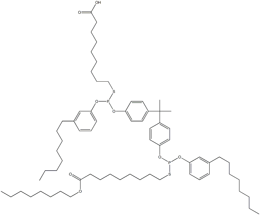 9,9'-[[Isopropylidenebis(4,1-phenyleneoxy)]bis[[(3-octylphenyl)oxy]phosphinediylthio]]bis(nonanoic acid octyl) ester 구조식 이미지