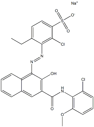 2-Chloro-4-ethyl-3-[[3-[[(2-chloro-6-methoxyphenyl)amino]carbonyl]-2-hydroxy-1-naphtyl]azo]benzenesulfonic acid sodium salt 구조식 이미지