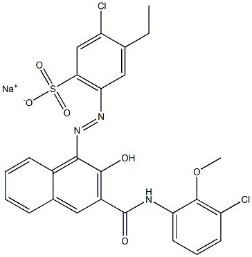 3-Chloro-4-ethyl-6-[[3-[[(3-chloro-2-methoxyphenyl)amino]carbonyl]-2-hydroxy-1-naphtyl]azo]benzenesulfonic acid sodium salt 구조식 이미지