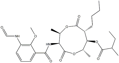 2-Methylbutanoic acid (3S,4R,7R,8R,9S)-3-[(3-formylamino-2-methoxybenzoyl)amino]-4,9-dimethyl-2,6-dioxo-7-butyl-1,5-dioxonan-8-yl ester 구조식 이미지