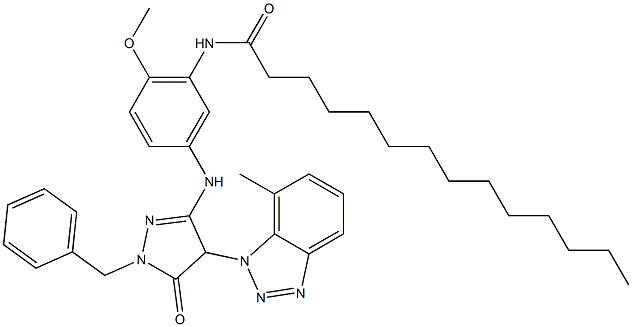 1-Benzyl-3-[4-methoxy-5-(tetradecanoylamino)anilino]-4-(7-methyl-1H-benzotriazol-1-yl)-5(4H)-pyrazolone 구조식 이미지