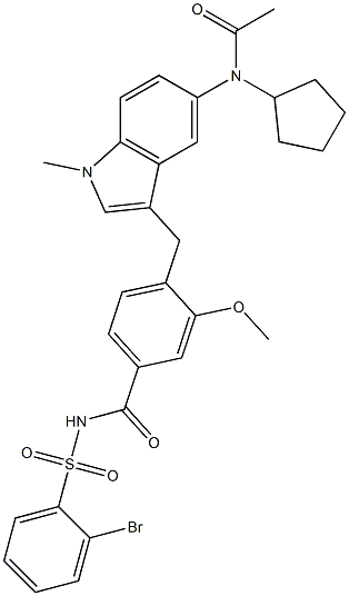 4-[5-(Cyclopentylacetylamino)-1-methyl-1H-indol-3-ylmethyl]-3-methoxy-N-(2-bromophenylsulfonyl)benzamide 구조식 이미지