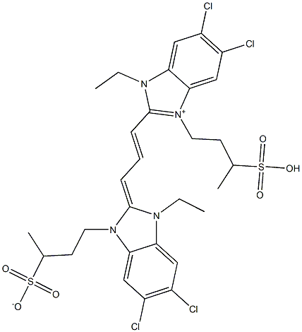 4-[[5,6-Dichloro-2-[3-[[5,6-dichloro-1-ethyl-2,3-dihydro-3-(3-sulfonatobutyl)-1H-benzimidazol]-2-ylidene]-1-propenyl]-1-ethyl-1H-benzimidazol-3-ium]-3-yl]-2-butanesulfonic acid 구조식 이미지