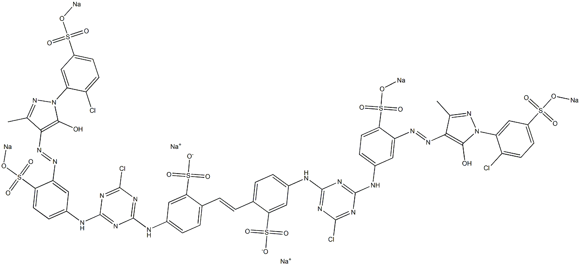 4,4'-Bis[4-chloro-6-[3-[1-[2-chloro-5-(sodiosulfo)phenyl]-5-hydroxy-3-methyl-1H-pyrazol-4-ylazo]-4-(sodiosulfo)anilino]-1,3,5-triazin-2-ylamino]-2,2'-stilbenedisulfonic acid disodium salt Structure