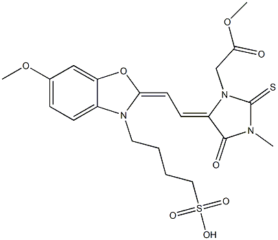 5-[2-[6-Methoxy-3-(4-hydroxysulfonylbutyl)benzoxazol-2(3H)-ylidene]ethylidene]-3-methyl-4-oxo-2-thioxo-1-imidazolidineacetic acid methyl ester 구조식 이미지