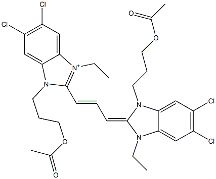 1-[3-(Acetyloxy)propyl]-2-[3-[[1-[3-(acetyloxy)propyl]-5,6-dichloro-3-ethyl-1,3-dihydro-2H-benzimidazol]-2-ylidene]-1-propenyl]-5,6-dichloro-3-ethyl-1H-benzimidazol-3-ium 구조식 이미지