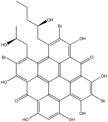 2,5,9-Tribromo-1,6,8,10,11,13-hexahydroxy-3-[(S)-2-hydroxypropyl]-4-[(R)-2-hydroxypentyl]phenanthro[1,10,9,8-opqra]perylene-7,14-dione 구조식 이미지