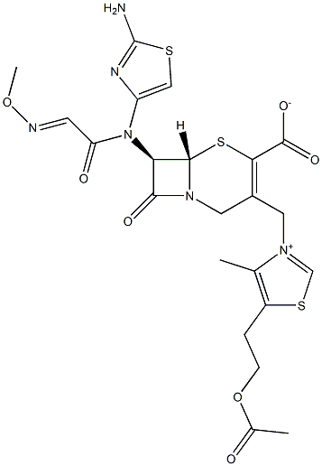 (7R)-7-[(2-Amino-4-thiazolyl)(methoxyimino)acetylamino]-3-[[(5-(2-acetyloxyethyl)-4-methylthiazol-3-ium)-3-yl]methyl]cepham-3-ene-4-carboxylic acid 구조식 이미지