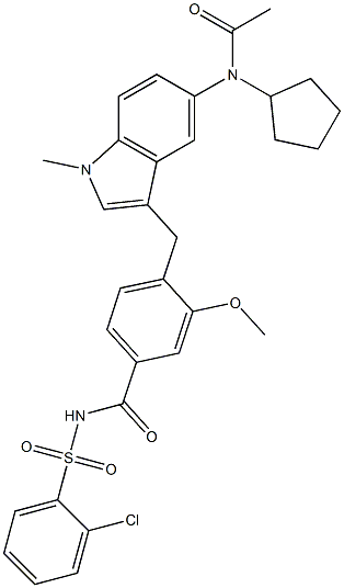 4-[5-(Cyclopentylacetylamino)-1-methyl-1H-indol-3-ylmethyl]-3-methoxy-N-(2-chlorophenylsulfonyl)benzamide 구조식 이미지