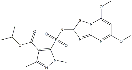 1,3-Dimethyl-5-[(5,7-dimethoxy-2H-[1,2,4]thiadiazolo[2,3-a]pyrimidin-2-ylidene)sulfamoyl]-1H-pyrazole-4-carboxylic acid isopropyl ester 구조식 이미지