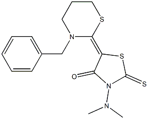2-Thioxo-3-(dimethylamino)-5-[(tetrahydro-3-benzyl-2H-1,3-thiazin)-2-ylidene]thiazolidin-4-one 구조식 이미지