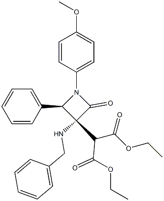 2-[(3R,4R)-3-(Benzylamino)-1-(4-methoxyphenyl)-2-oxo-4-phenylazetidin-3-yl]malonic acid diethyl ester 구조식 이미지