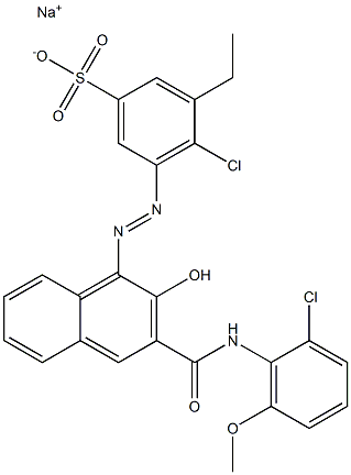 4-Chloro-3-ethyl-5-[[3-[[(2-chloro-6-methoxyphenyl)amino]carbonyl]-2-hydroxy-1-naphtyl]azo]benzenesulfonic acid sodium salt 구조식 이미지