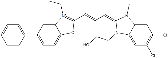2-[3-[[5,6-Dichloro-1,3-dihydro-1-(2-hydroxyethyl)-3-methyl-2H-benzimidazol]-2-ylidene]-1-propenyl]-3-ethyl-5-phenylbenzoxazol-3-ium Structure