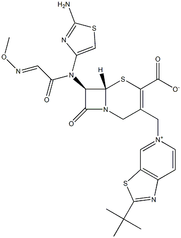 (7R)-7-[(2-Amino-4-thiazolyl)(methoxyimino)acetylamino]-3-[[(2-tert-butylthiazolo[5,4-c]pyridin-5-ium)-5-yl]methyl]cepham-3-ene-4-carboxylic acid 구조식 이미지