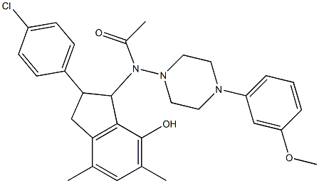 2,3-Dihydro-3-[[4-(3-methoxyphenyl)-1-piperazinyl]acetylamino]-2-(4-chlorophenyl)-5,7-dimethyl-1H-inden-4-ol 구조식 이미지