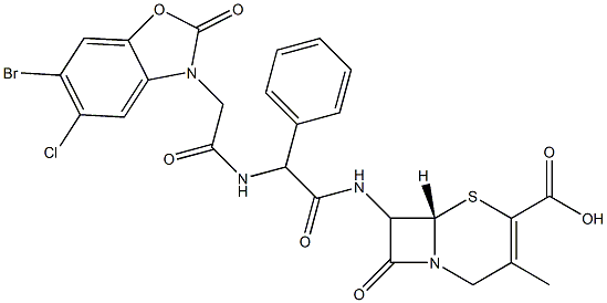 7-[[Phenyl[[[(6-bromo-5-chloro-2,3-dihydro-2-oxobenzoxazol)-3-yl]acetyl]amino]acetyl]amino]-3-methylcepham-3-ene-4-carboxylic acid 구조식 이미지
