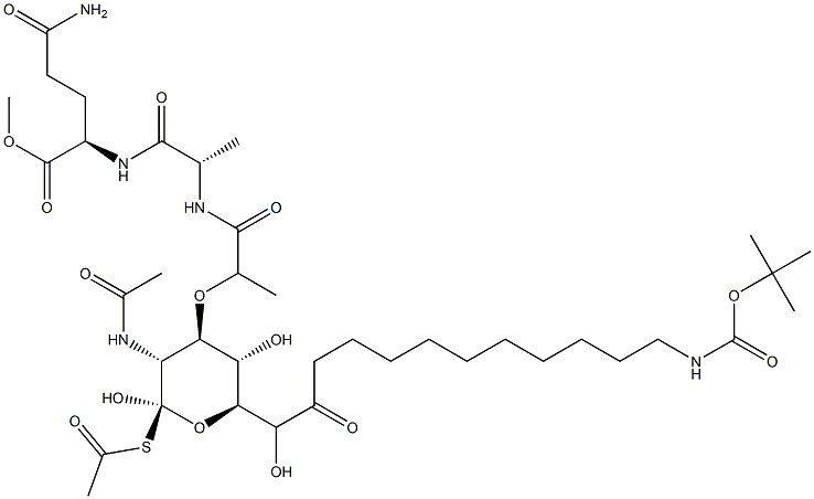 N2-[N-[N-Acetyl-1-(acetylthio)-6-[11-[[(tert-butoxy)carbonyl]amino]undecanoyl]muramoyl]-L-alanyl]-D-glutamine methyl ester Structure